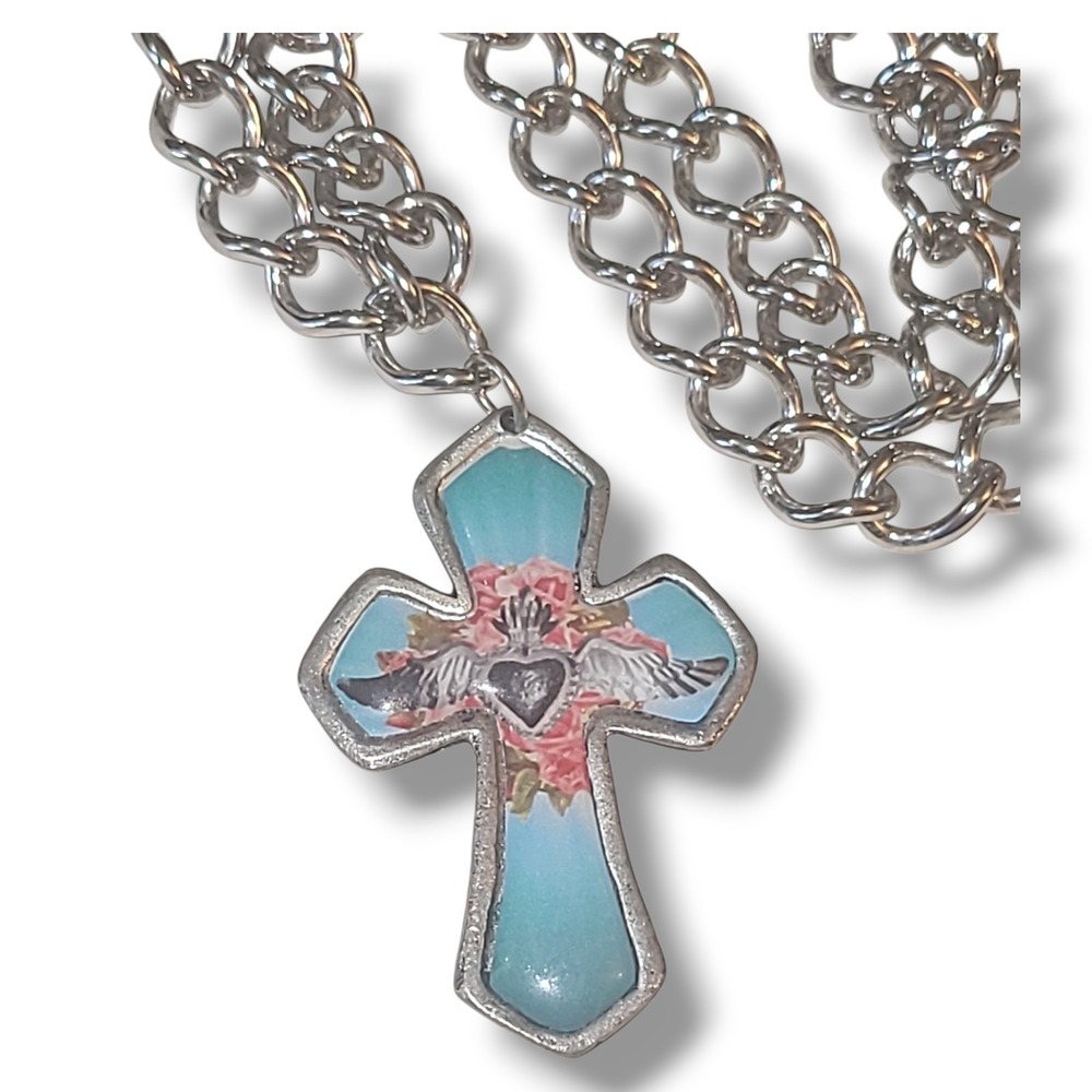 Red House Ranch Silver Tone Angel Wing Cross Pendant‎ Curb Link Chain Necklace